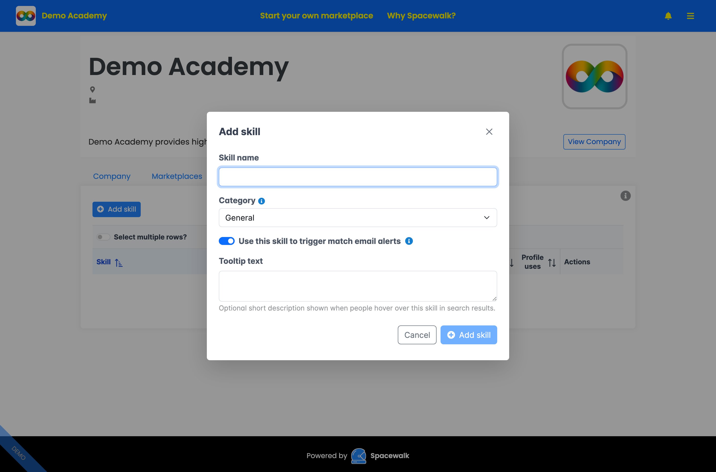 The Add skill modal with fields for Skill name, Category, a toggle for match email alerts and Tooltip text.