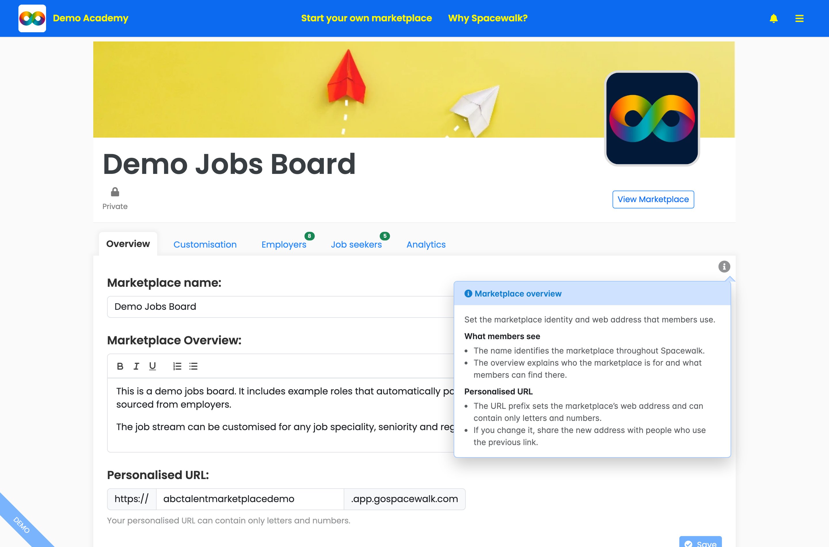 The Overview tab with the info button pressed and the Marketplace overview help panel open, explaining what members see and how the personalised URL works.