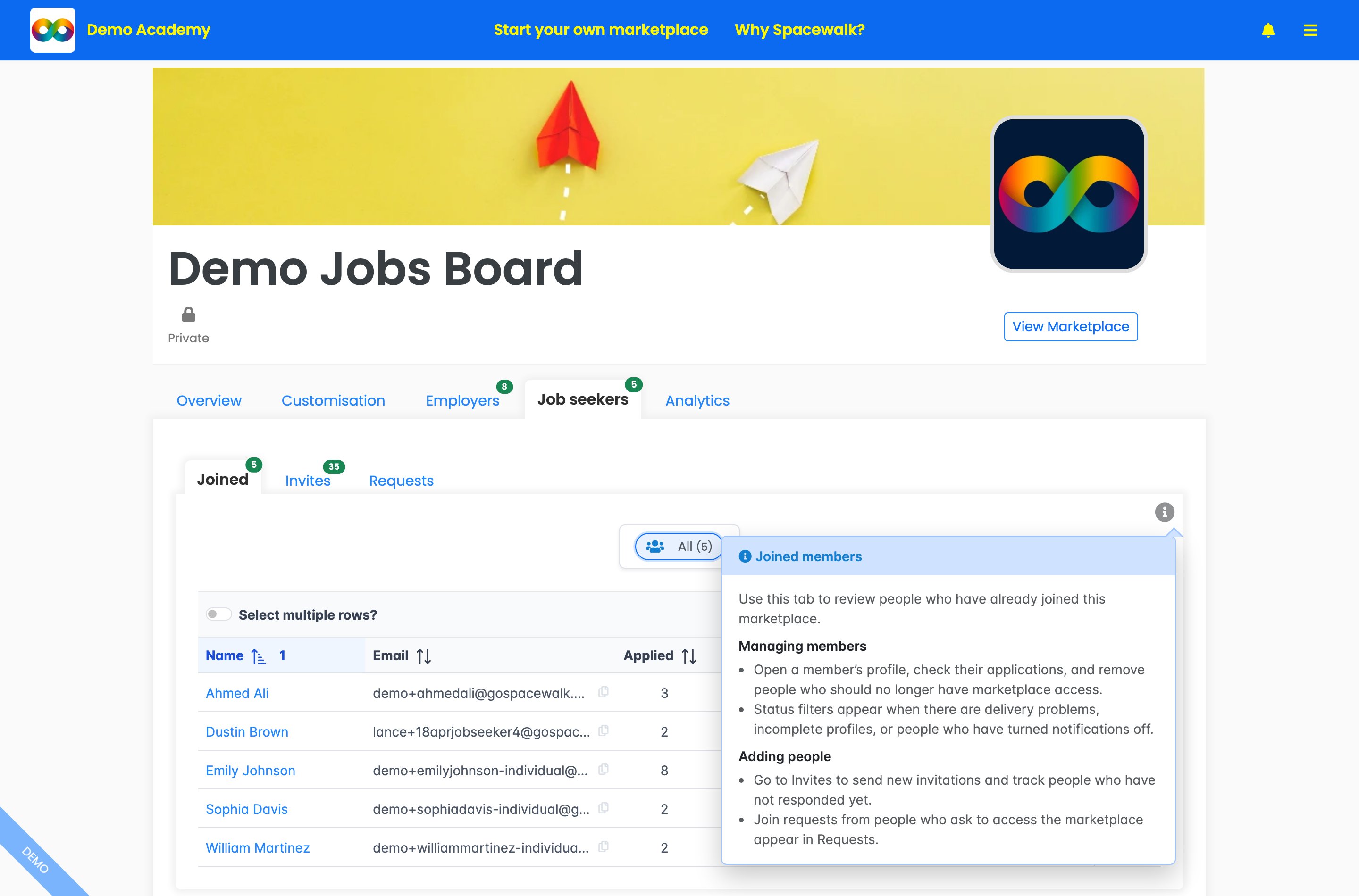 The Job seekers Joined tab with the Joined members help panel open, explaining how to manage members and where invites and join requests appear.