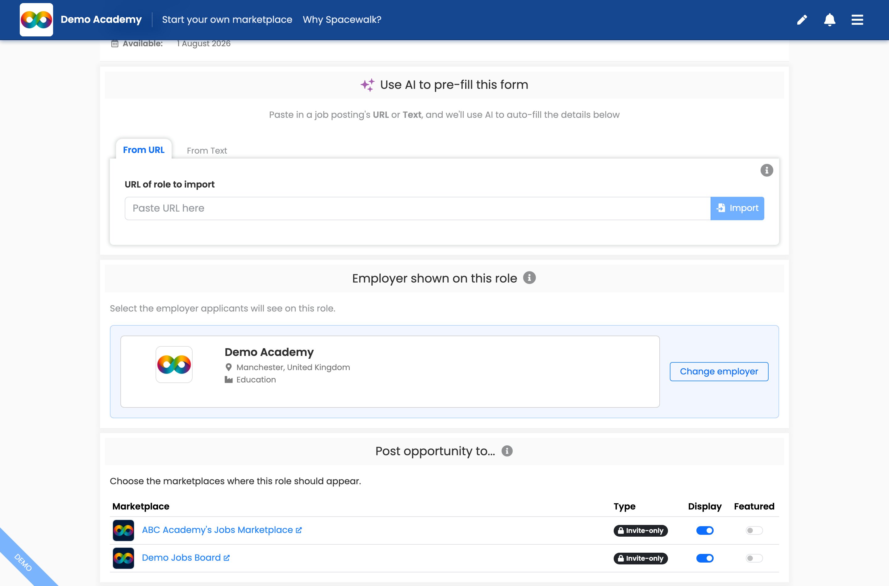 The Post New Opportunity page showing the Use AI to pre-fill this form box with From URL and From Text tabs, the Employer shown on this role section and the Post opportunity to table with Type, Display and Featured columns.
