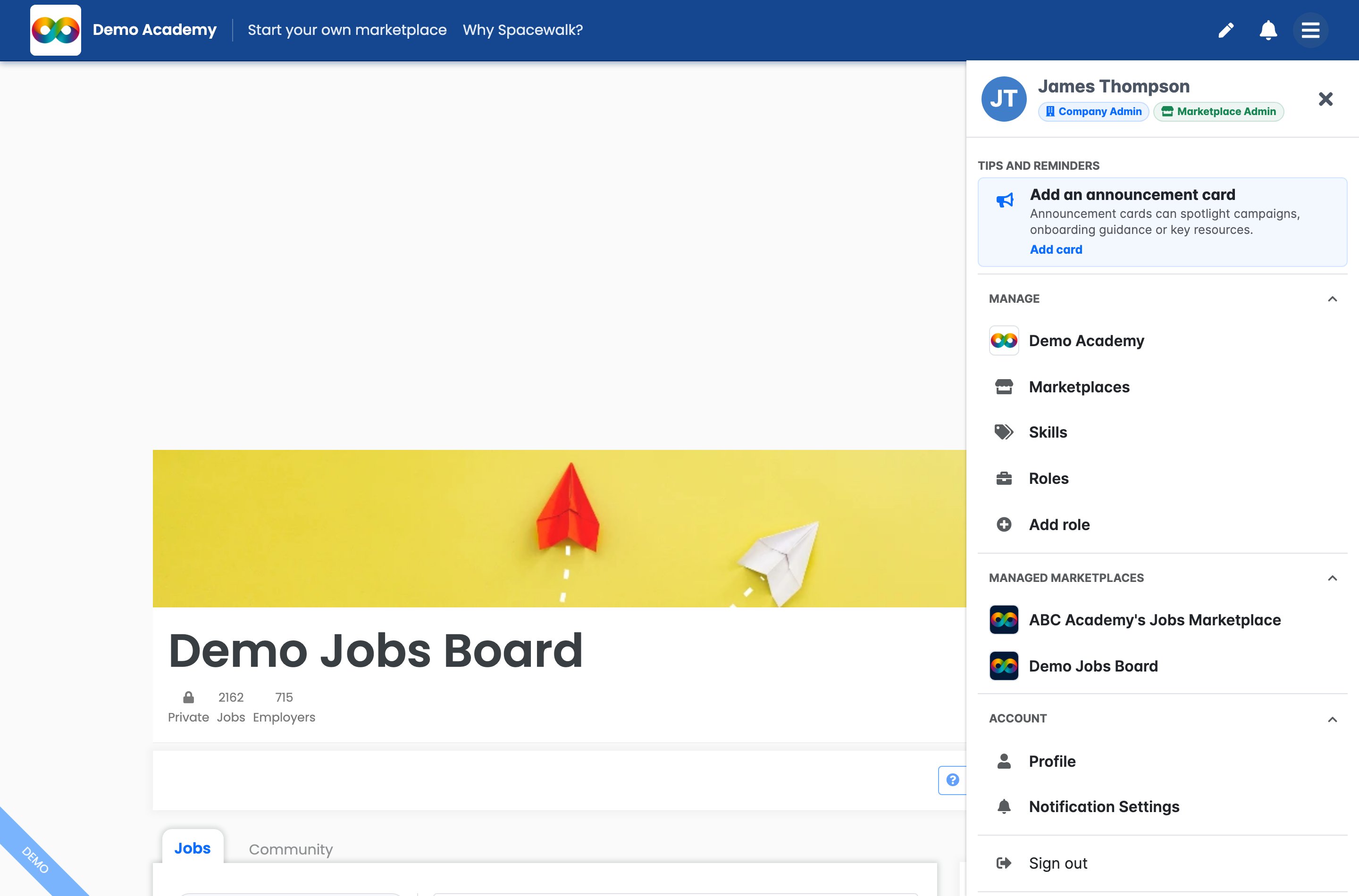 The sidebar open on the right showing the admin name with Company Admin and Marketplace Admin badges, plus the Tips and reminders, Manage, Managed marketplaces and Account groups.