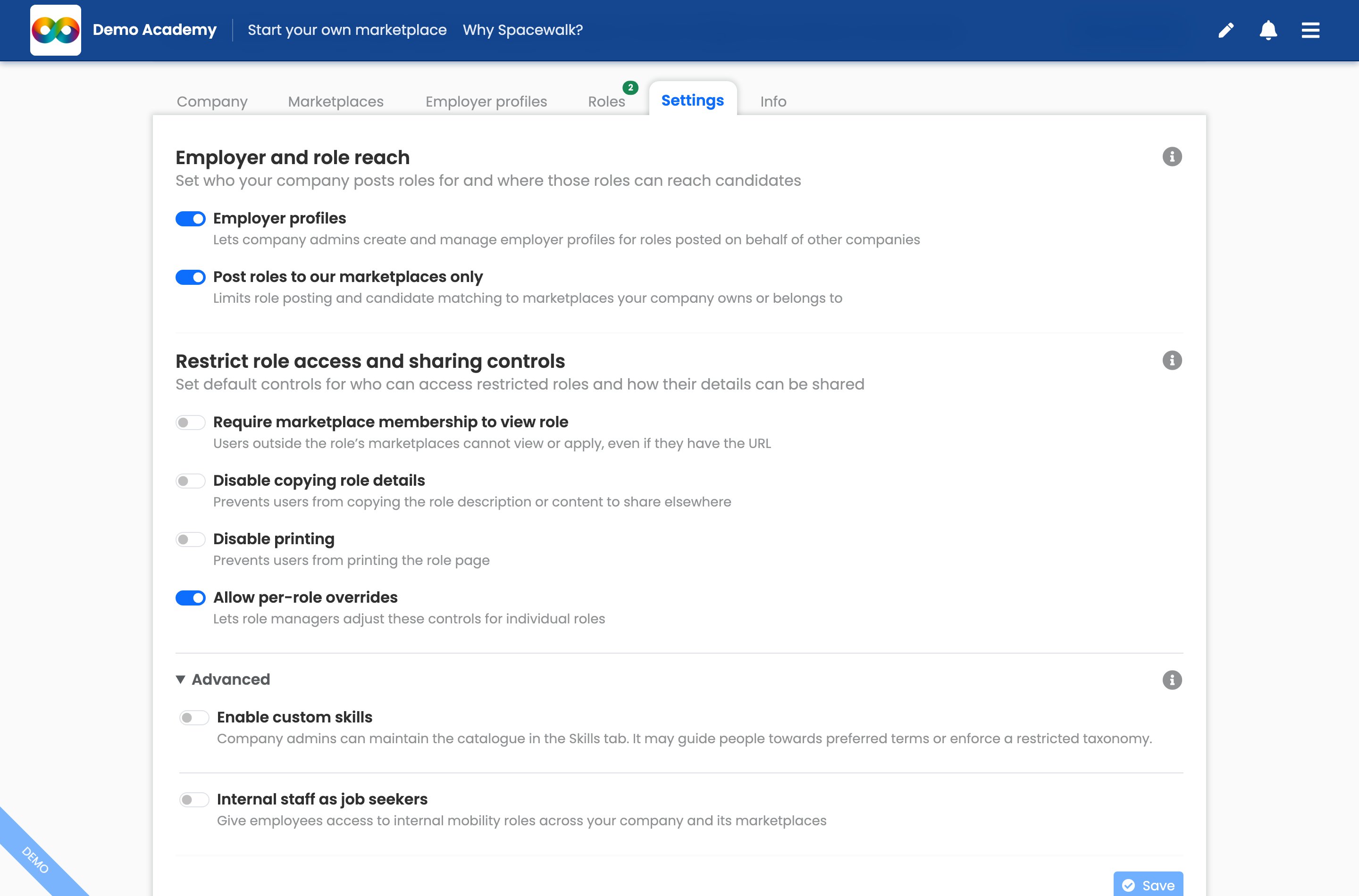 The Manage Company Settings tab showing the Employer and role reach, Restrict role access and sharing controls and Advanced groups, each with its own info button, and the Advanced group expanded.