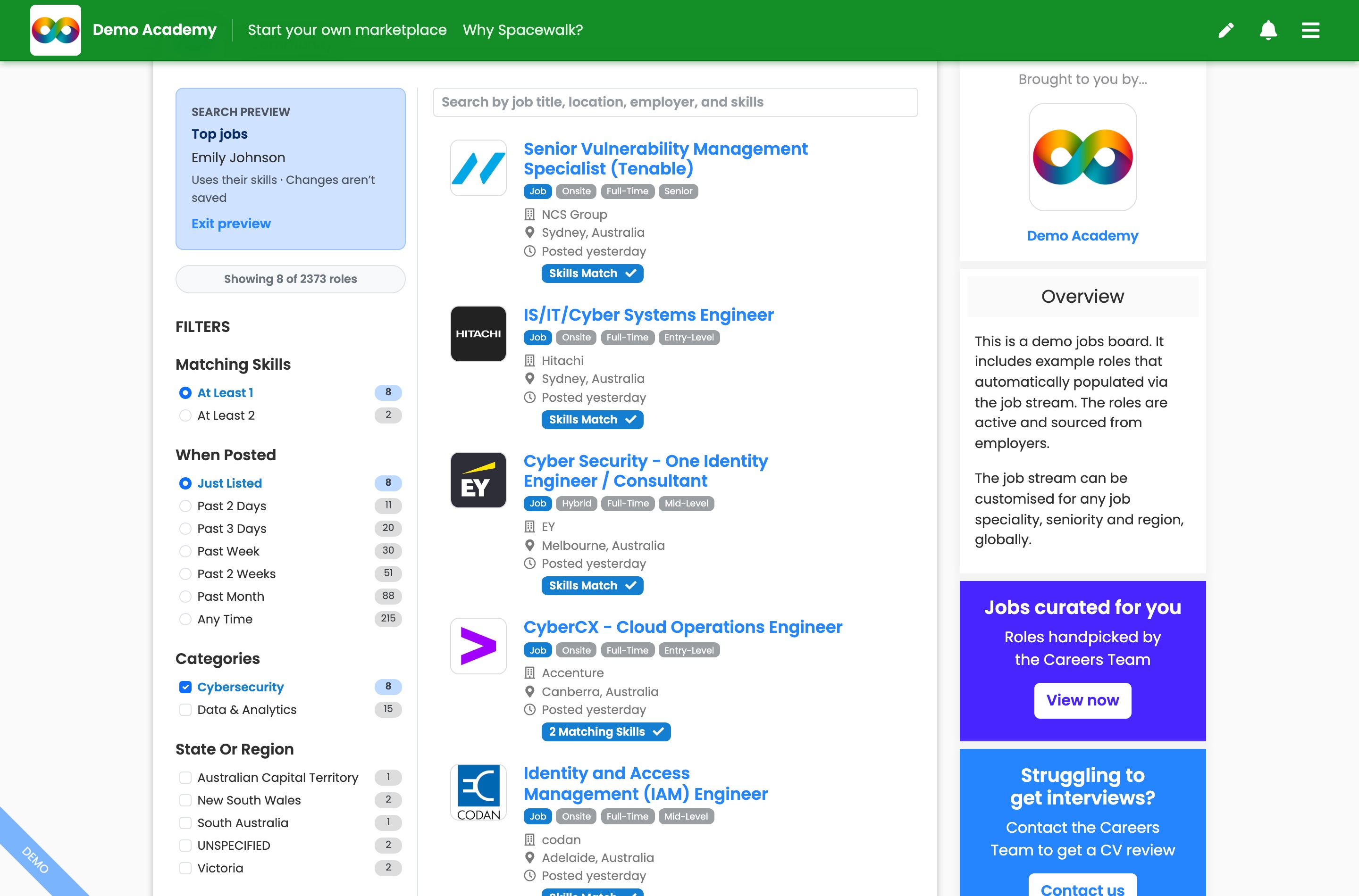 The board in search preview, with a panel naming the saved search Top jobs and the member Emily Johnson, a note that it uses their skills and changes aren't saved, an Exit preview link and matching roles.