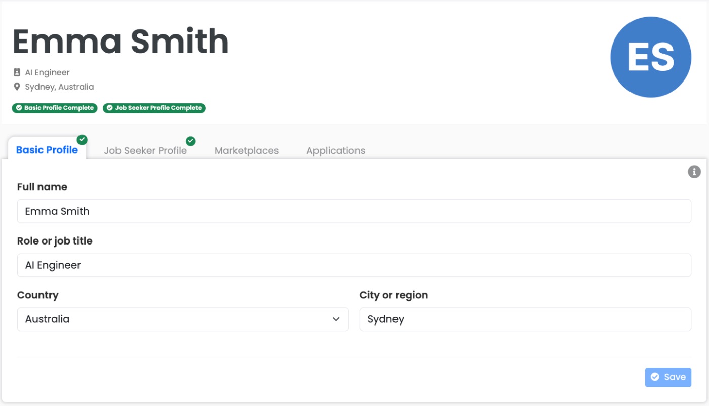 The profile page on the Basic Profile tab with Full name, Role or job title, Country and City or region fields, the Basic Profile Complete and Job Seeker Profile Complete badges and a Save button.