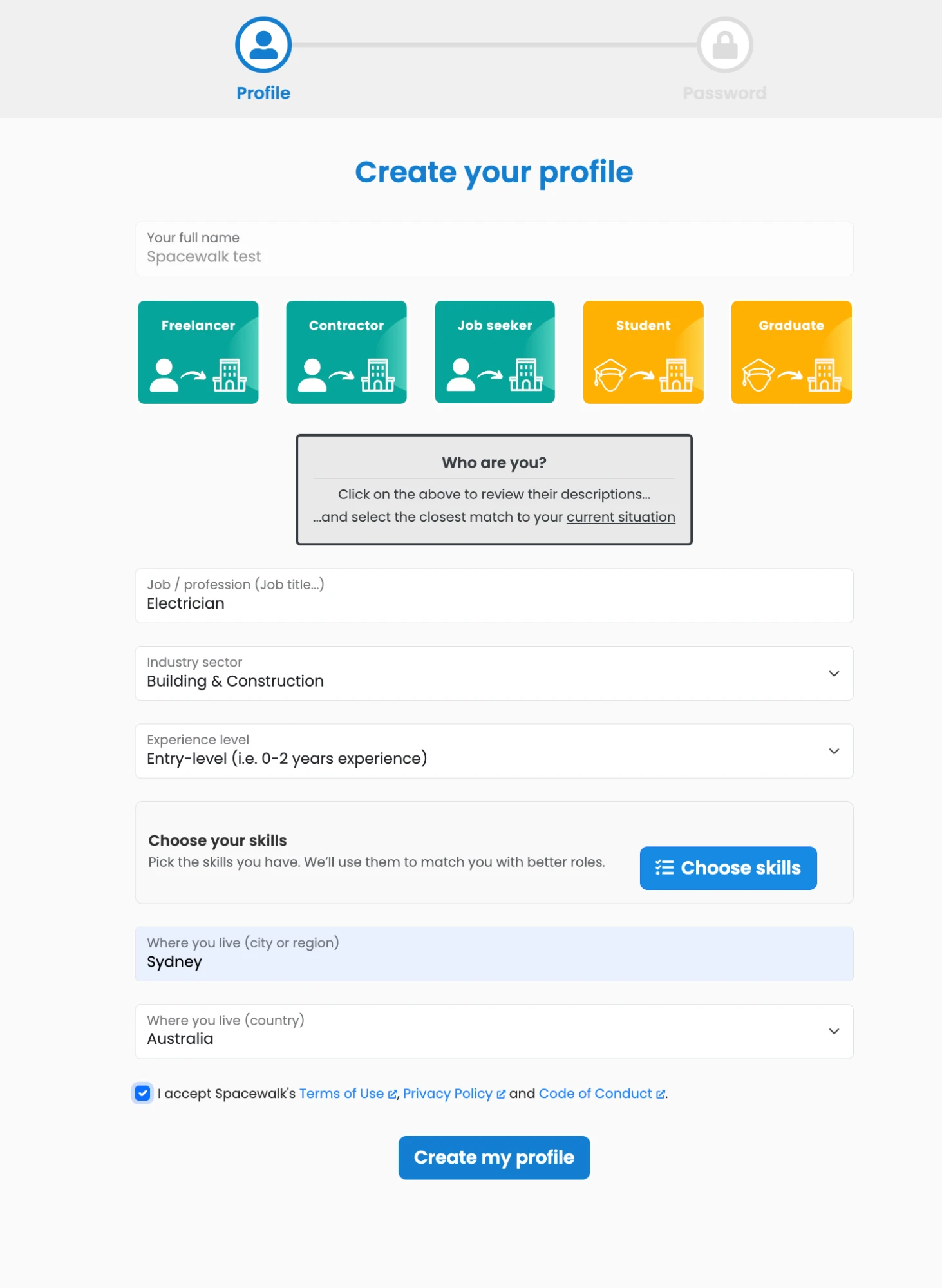 The Create your profile form with full name, five persona cards, job title, industry sector, experience level, a Choose your skills panel, location fields and the Create my profile button.
