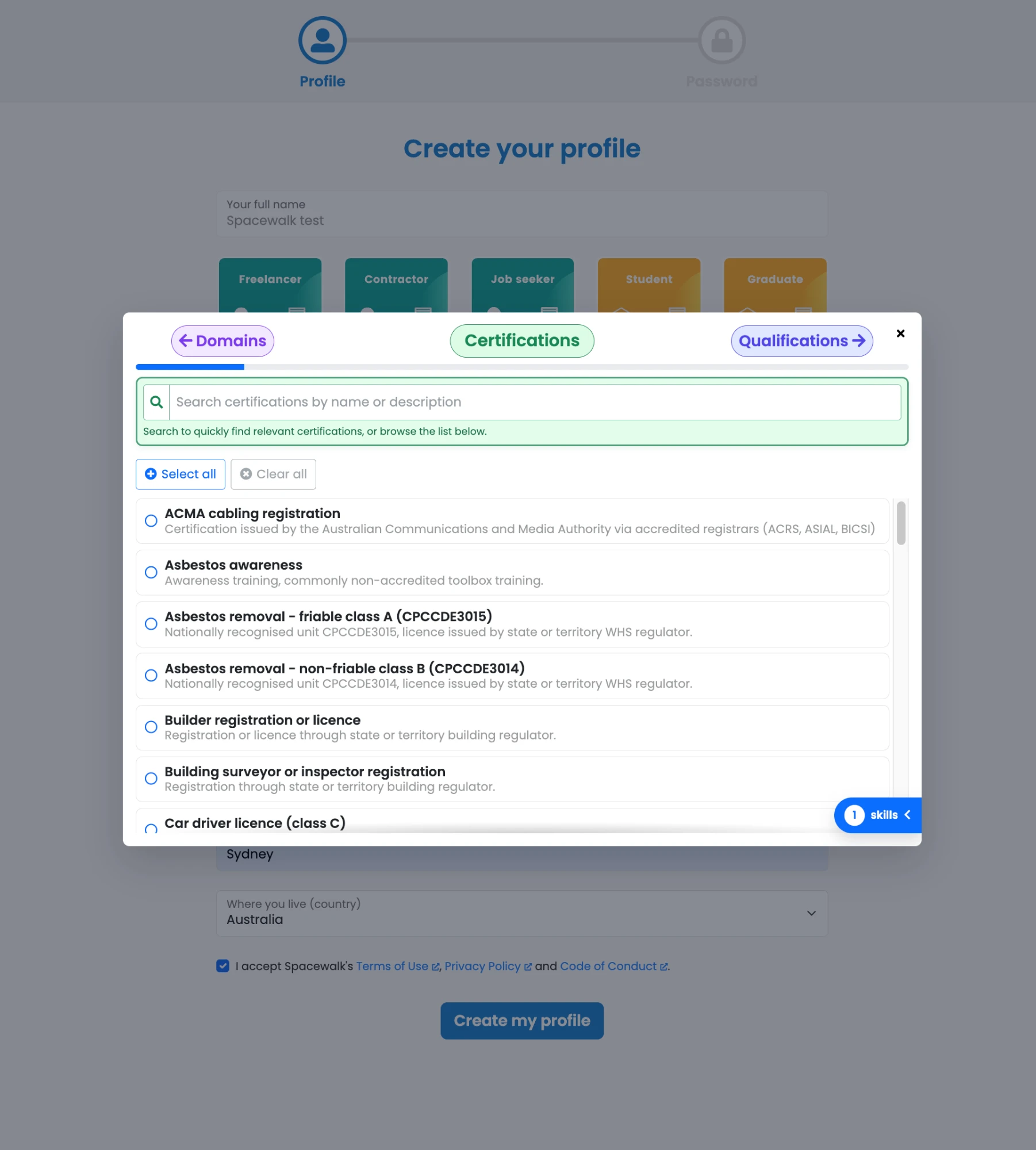 The custom skills window on the Certifications step, with Domains and Qualifications arrow buttons, a search box, Select all and Clear all buttons, a list of certifications with descriptions and a 1 skills counter.