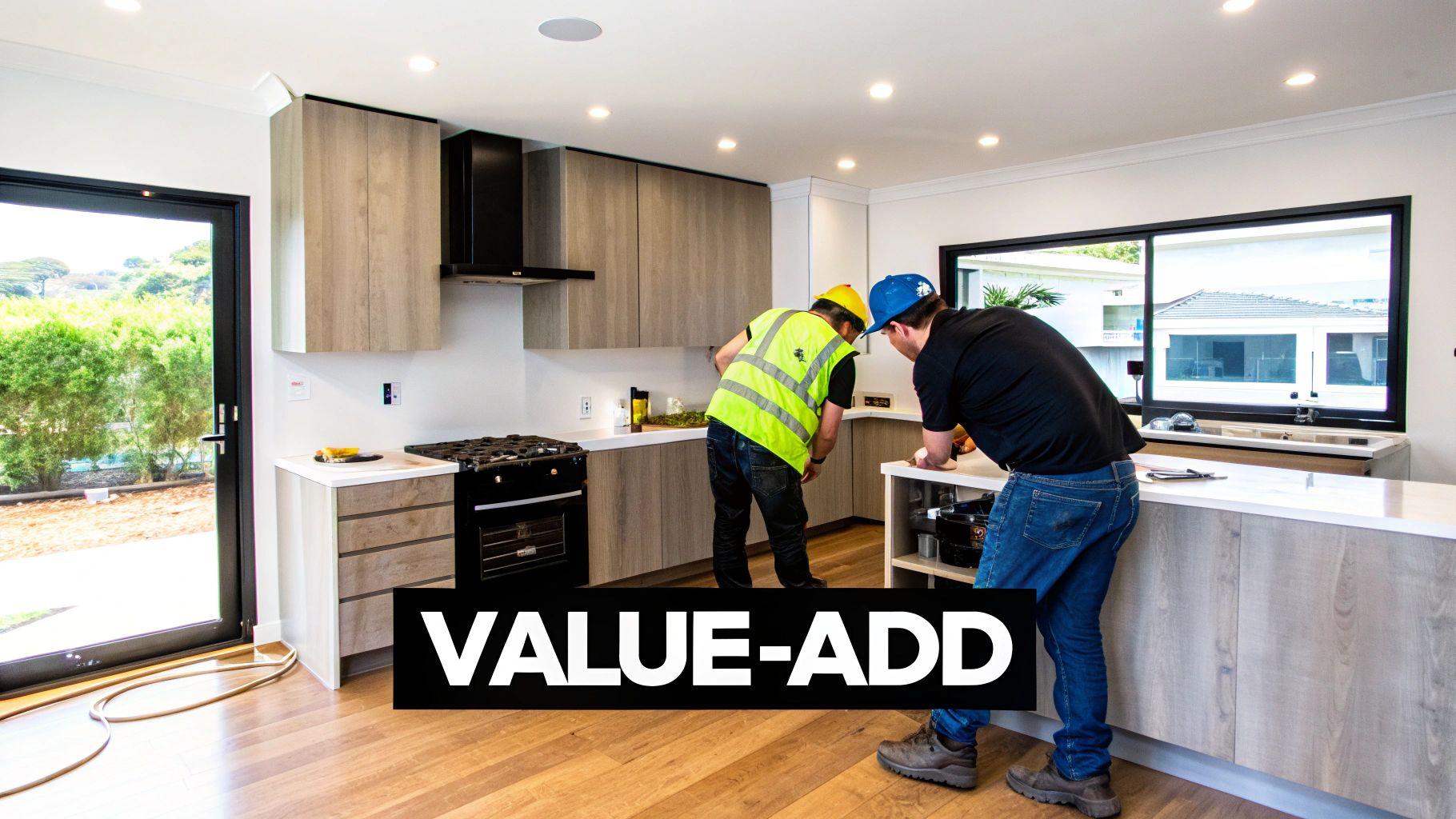 A tradesperson carrying out maintenance or renovation work inside a modern Australian investment property, ideally with the property manager or owner inspecting the work.