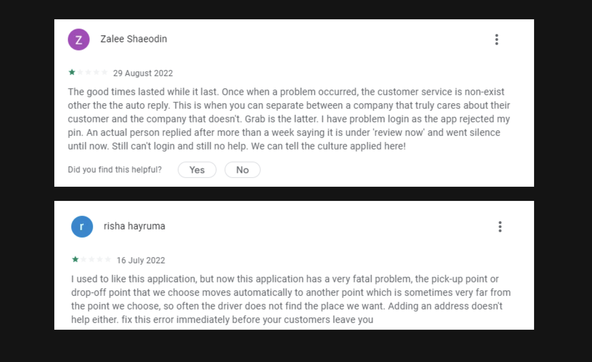 Google reviews for Grab