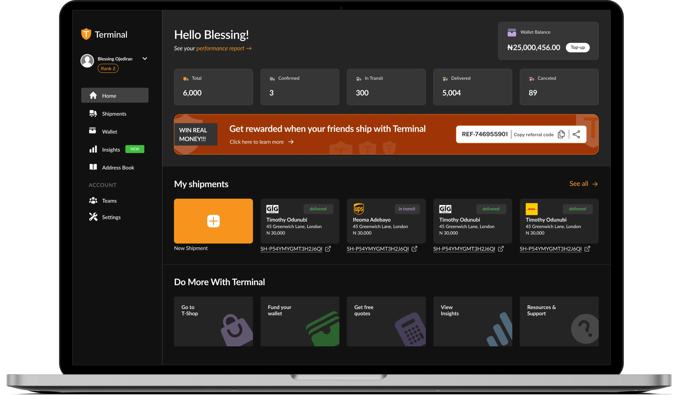 Laptop screen displaying Terminal dashboard with shipment statuses, wallet balance, referral code, and navigation menu with sections for shipments, wallet, insights, and account settings.