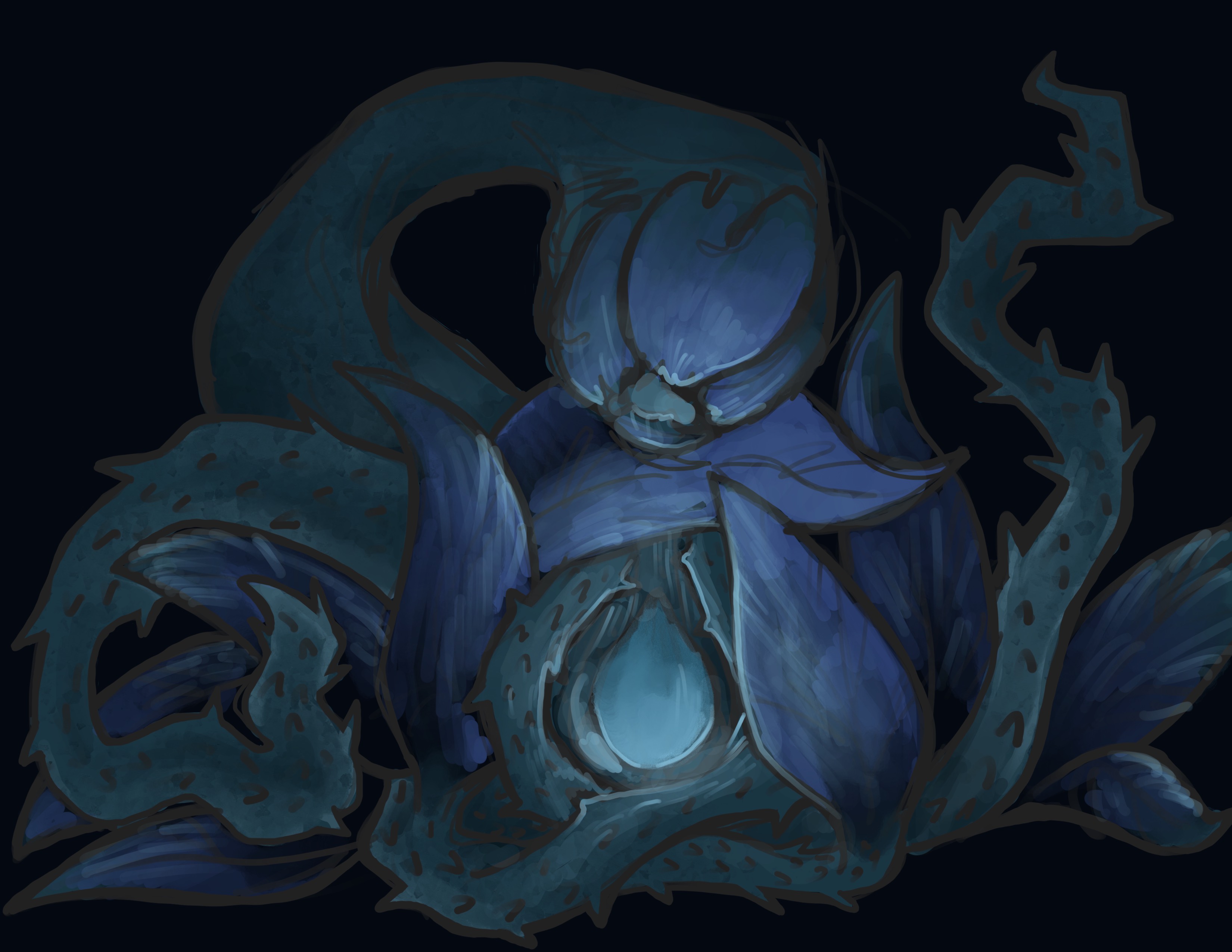 A large, flower with arm-like vines in a night-time setting