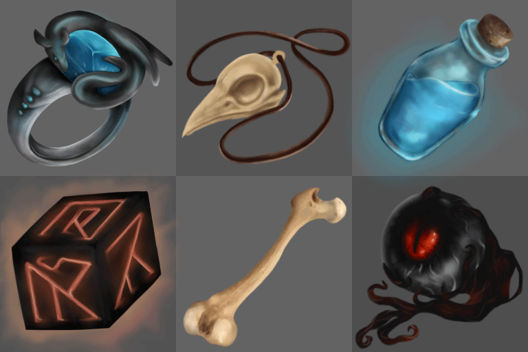 Six instances of game icons. A dragon ring, a bird skull necklace, extoplasm in a vial, a runic cube, a bone, and a demon's eye