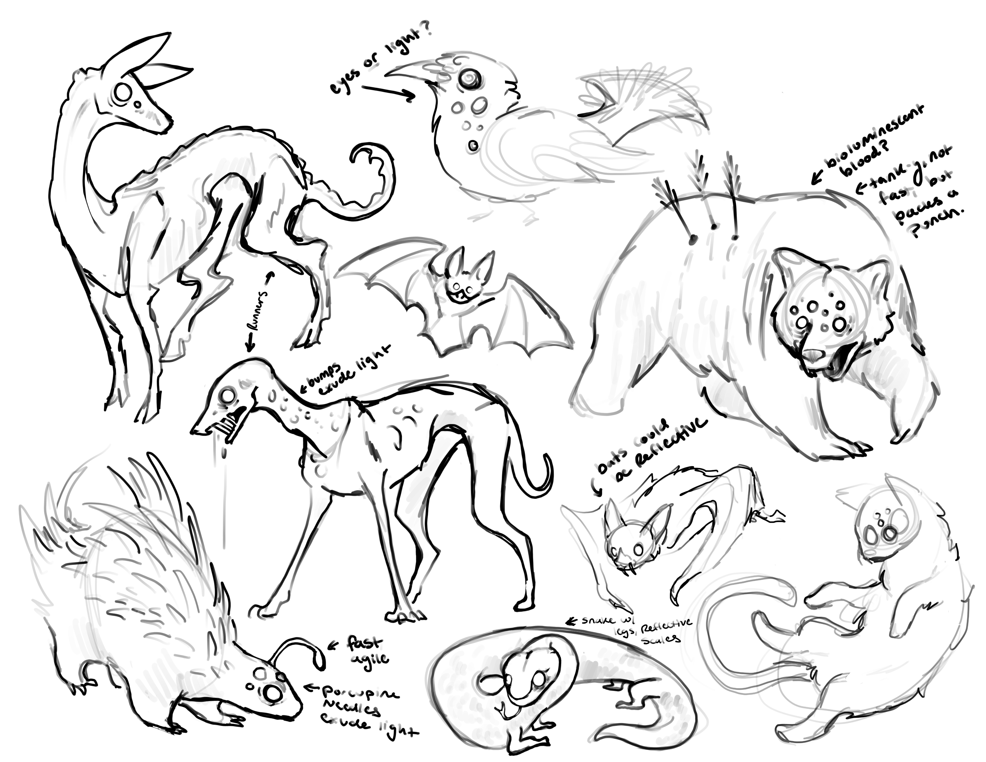 Creature designs/concepts. Multiple animals shown with adaptations to dark environments