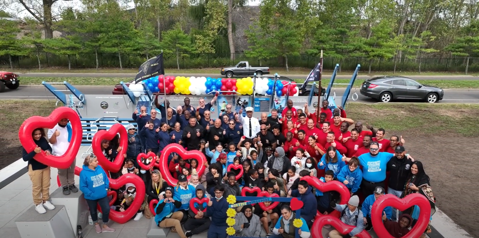 Mayors and civic leaders posing with their communities at a Fitness Court ribbon-cutting celebration