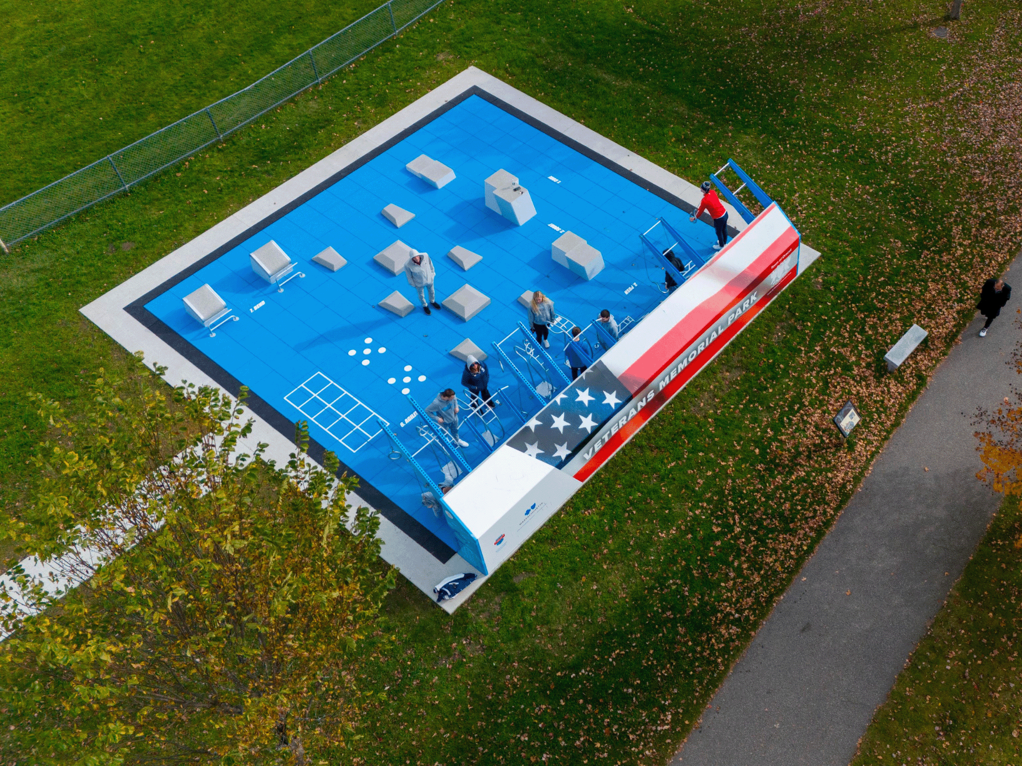 Aerial view of a standard Fitness Court installation