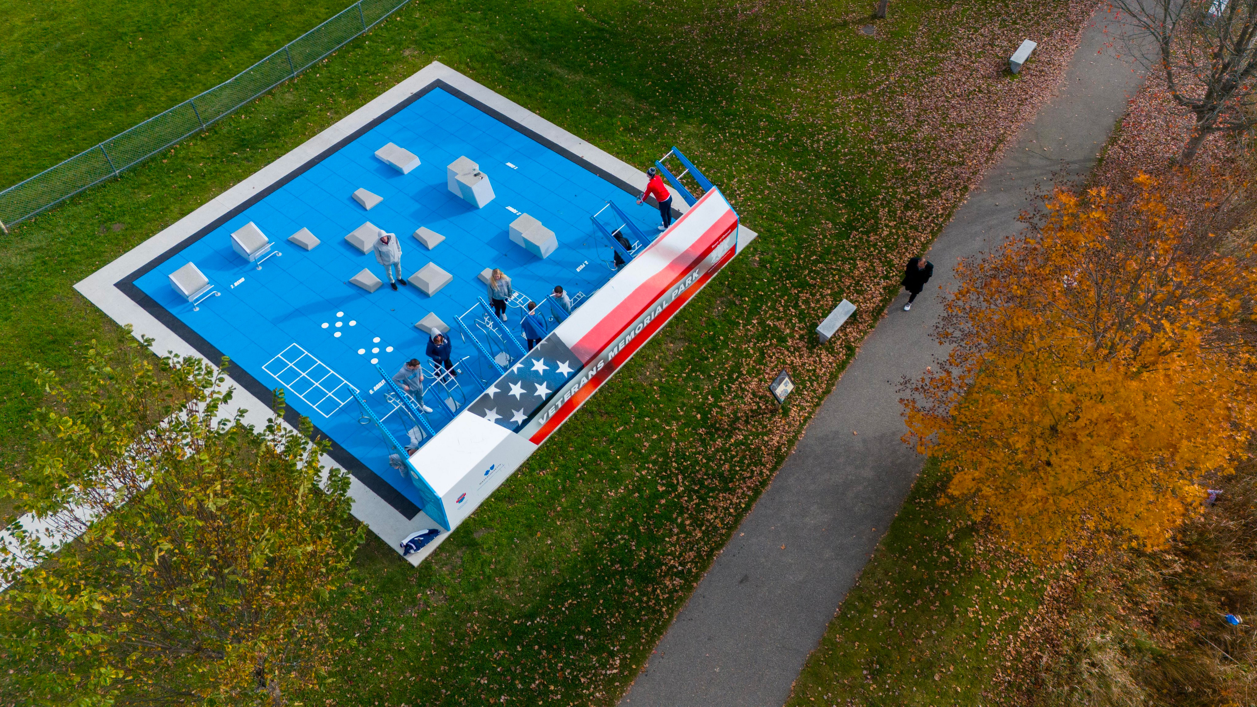 Aerial view of a standard Fitness Court installation