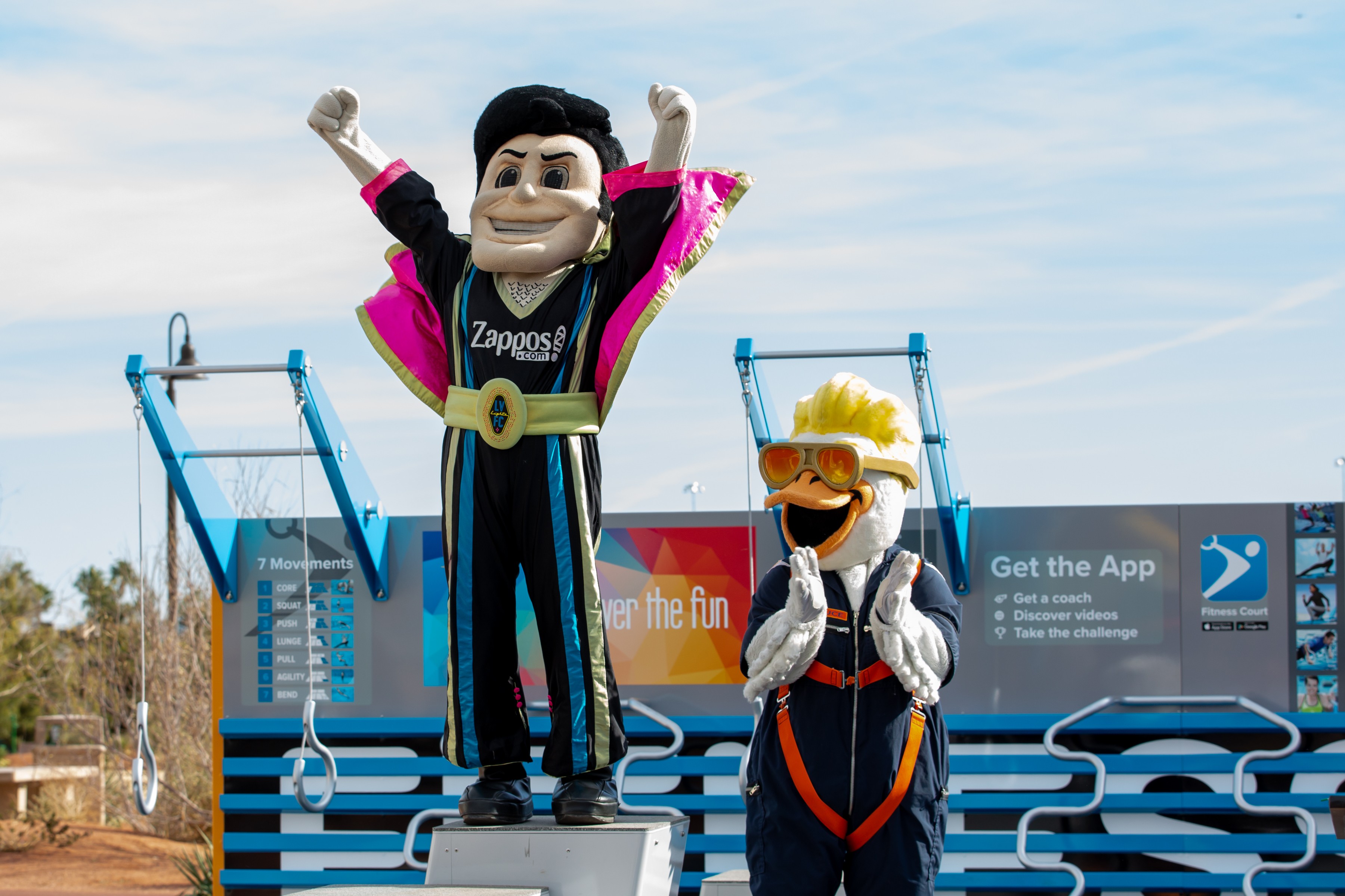 University mascots posing at a Fitness Court installation on a public-private partnership project