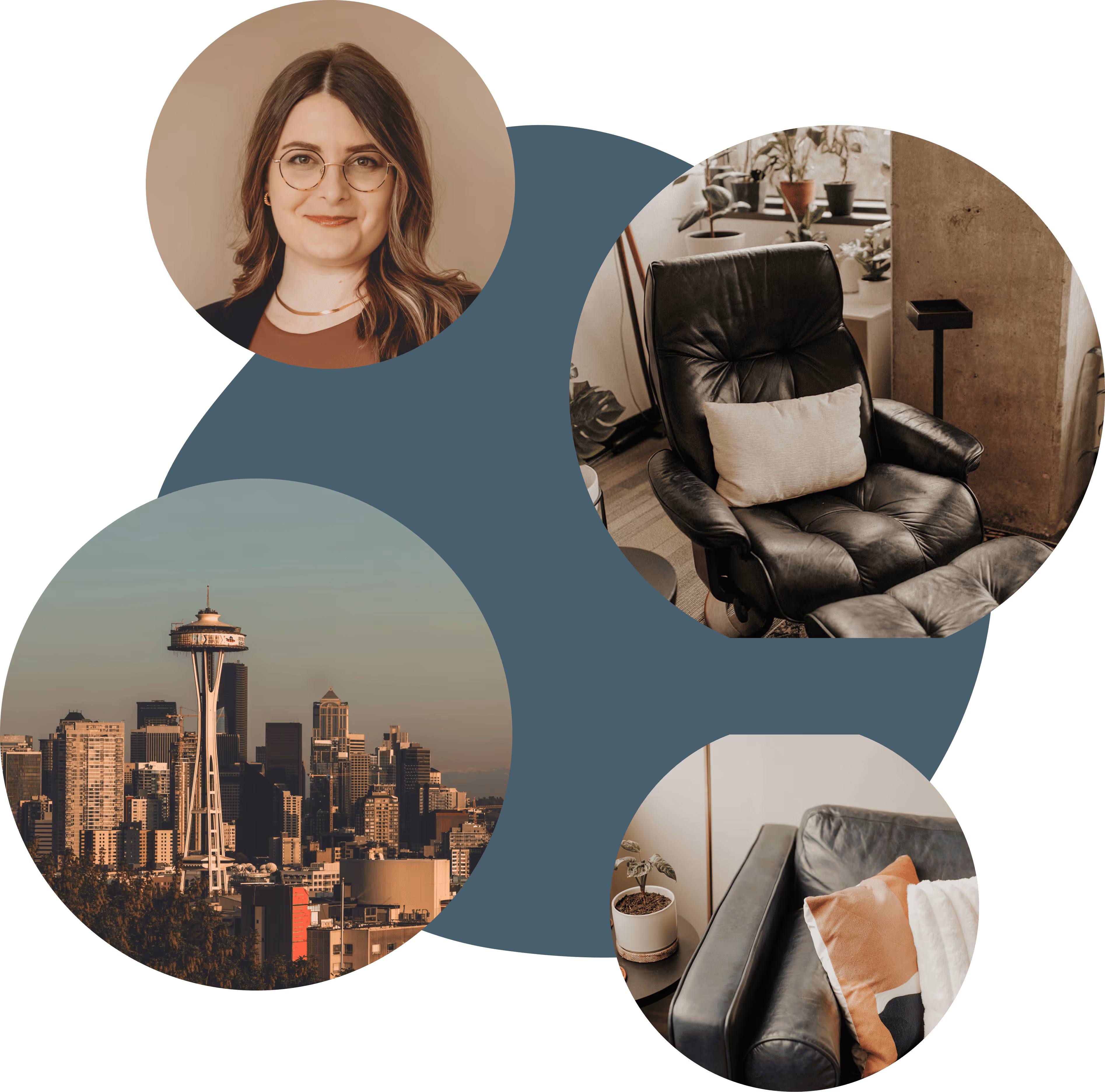 A collection of photos including one of Dr Claney, Seattle, and her offices