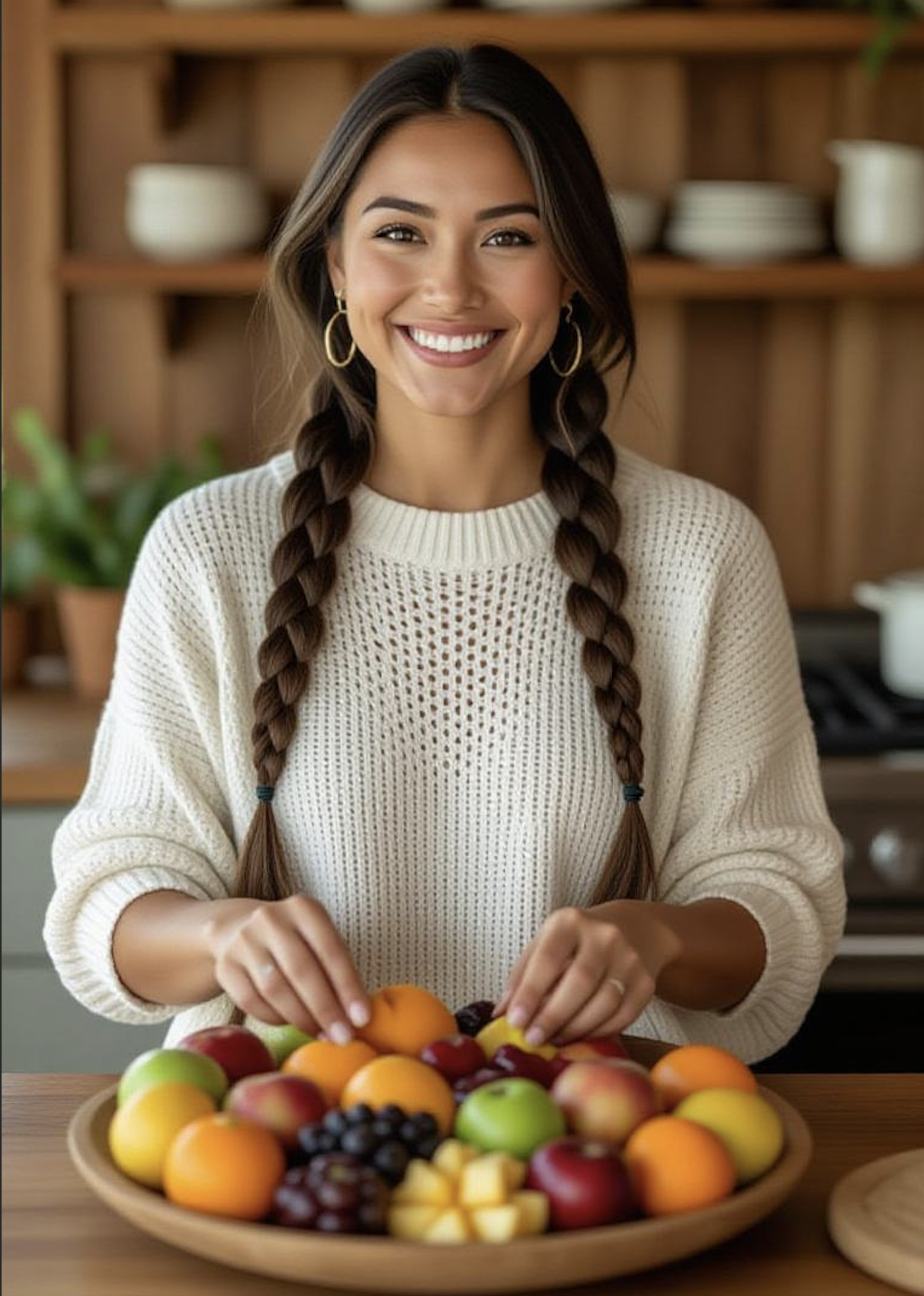 A woman smiling with a basket of fruit, healthy mental attitude.