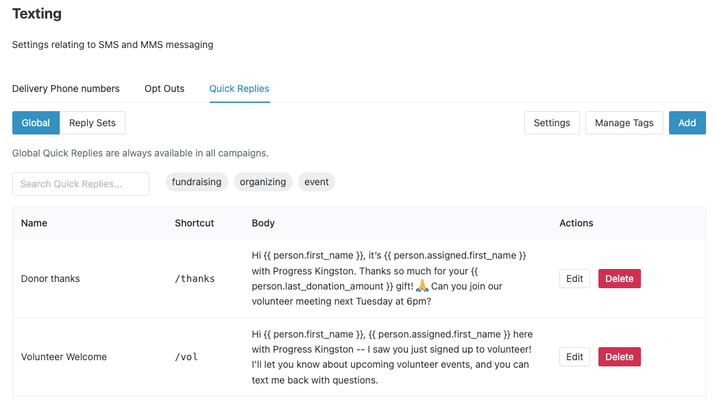 Screenshot of Quick Replies Interfact
