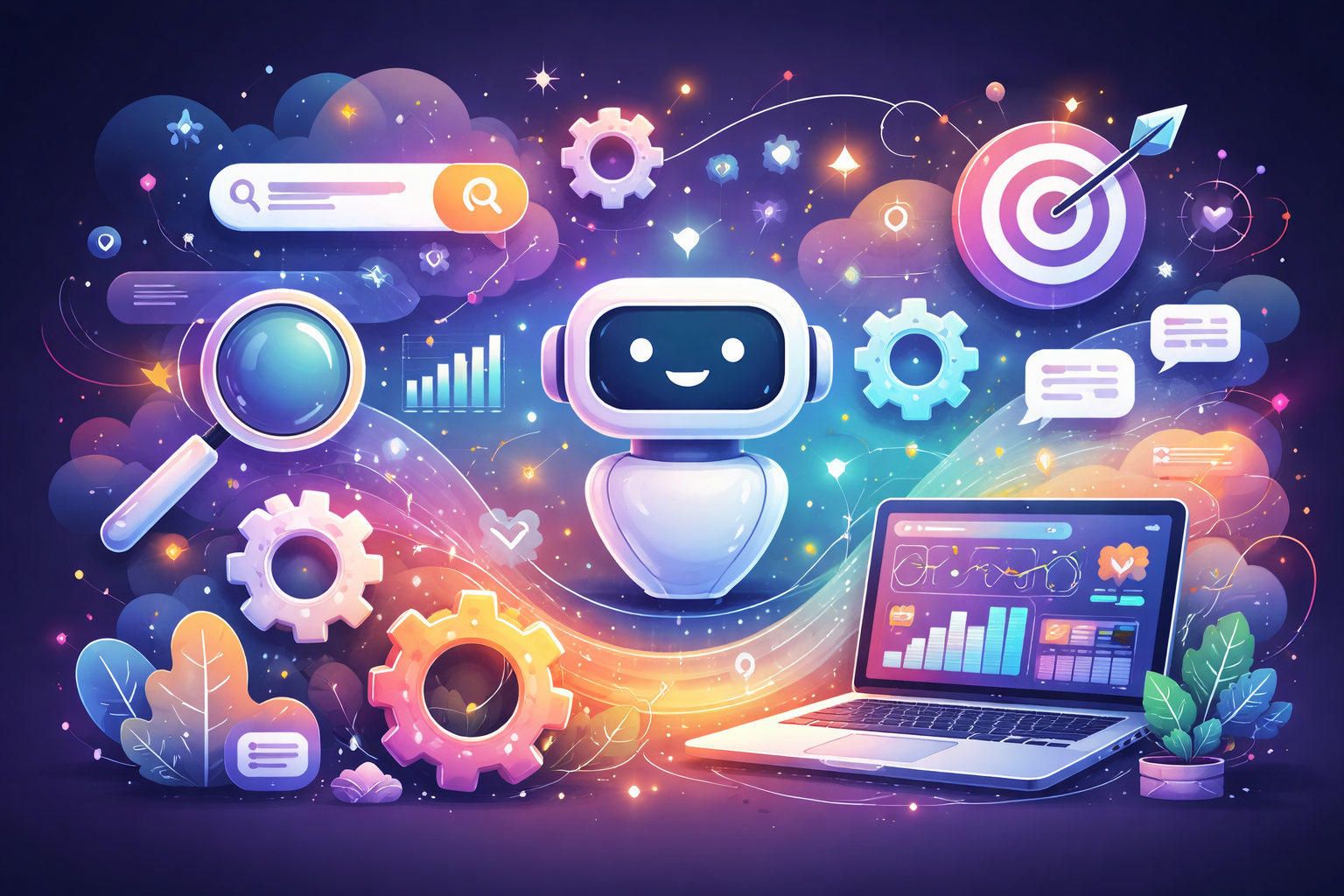 Graphic including robot, laptop & various abstract elements in a futuristic style