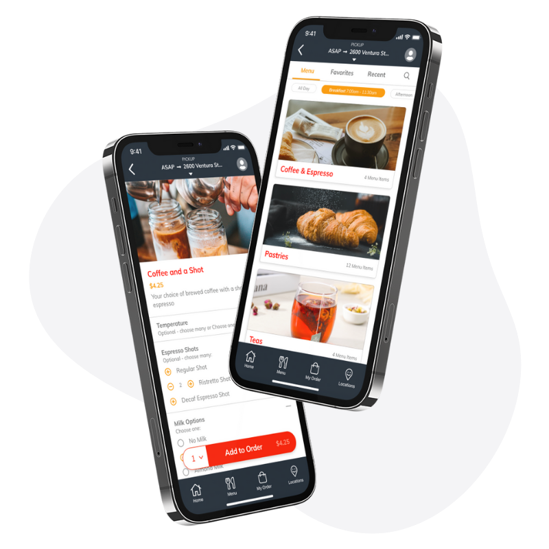 Two mobile phones in the foreground with a white background. Both phones have images of an app on their screens