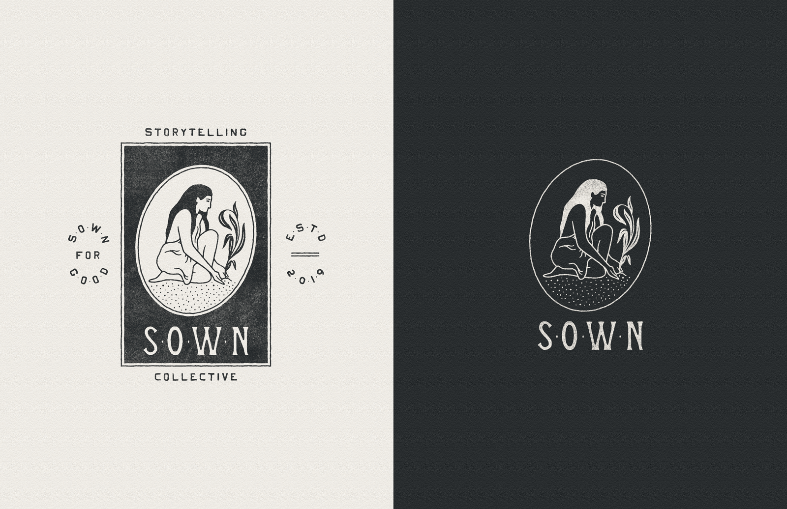 Two logos variations for Sown Collective, featuring a kneeling woman sowing a young plant in soil.