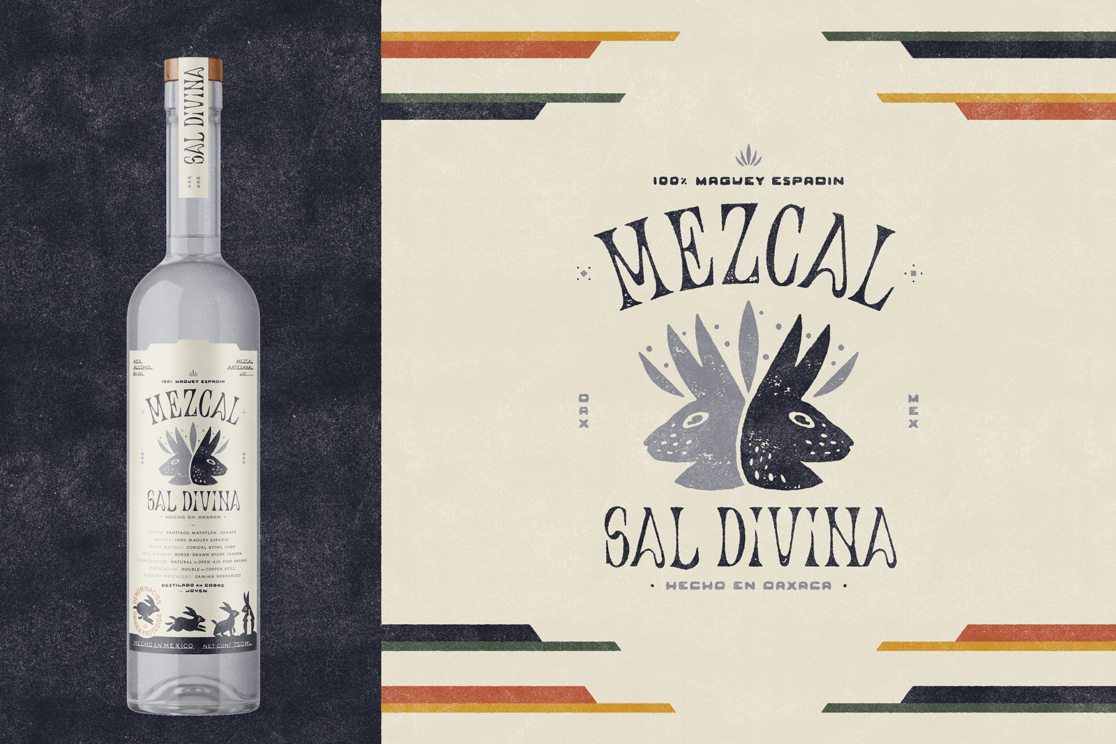 A bottle of Sal Divina Mezcal next to the main logo-composition that appears on the bottle.