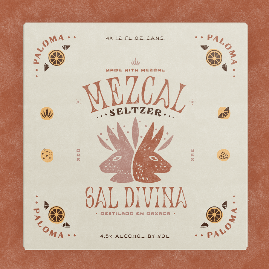 The top panel of Sal Divina's Paloma seltzer four-pack.