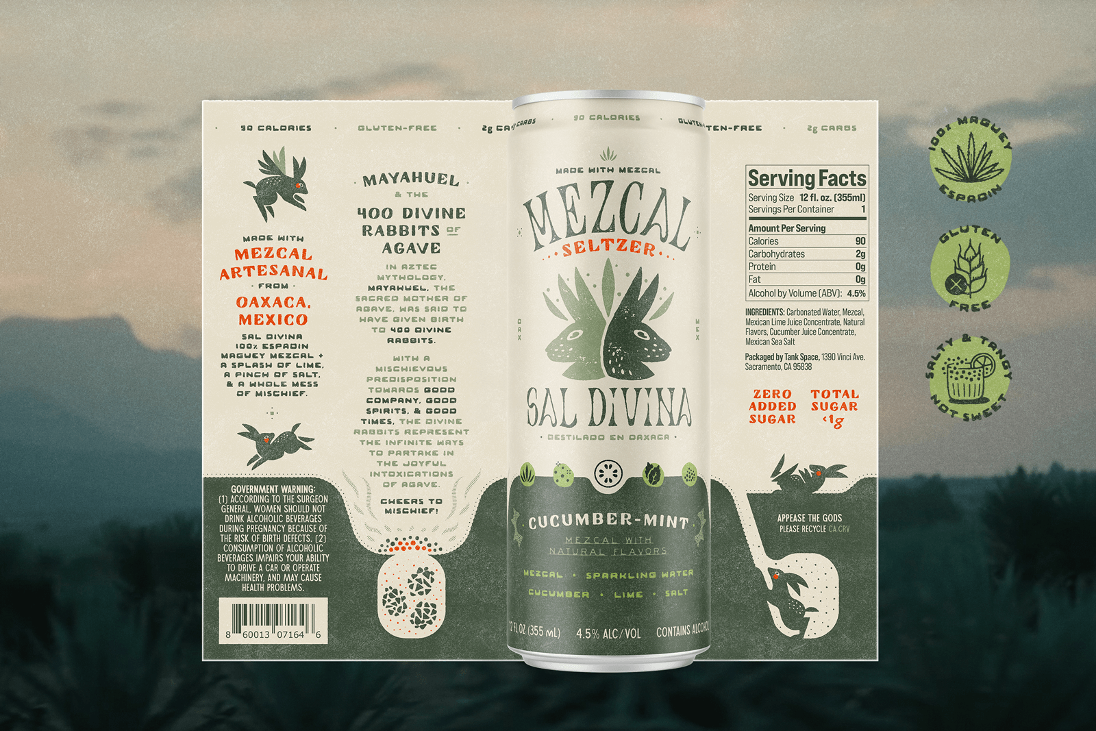 The full label of Sal Divina's Cucumber-Mint Mezcal setlzer, depicting the 400 divine rabbits of agave.