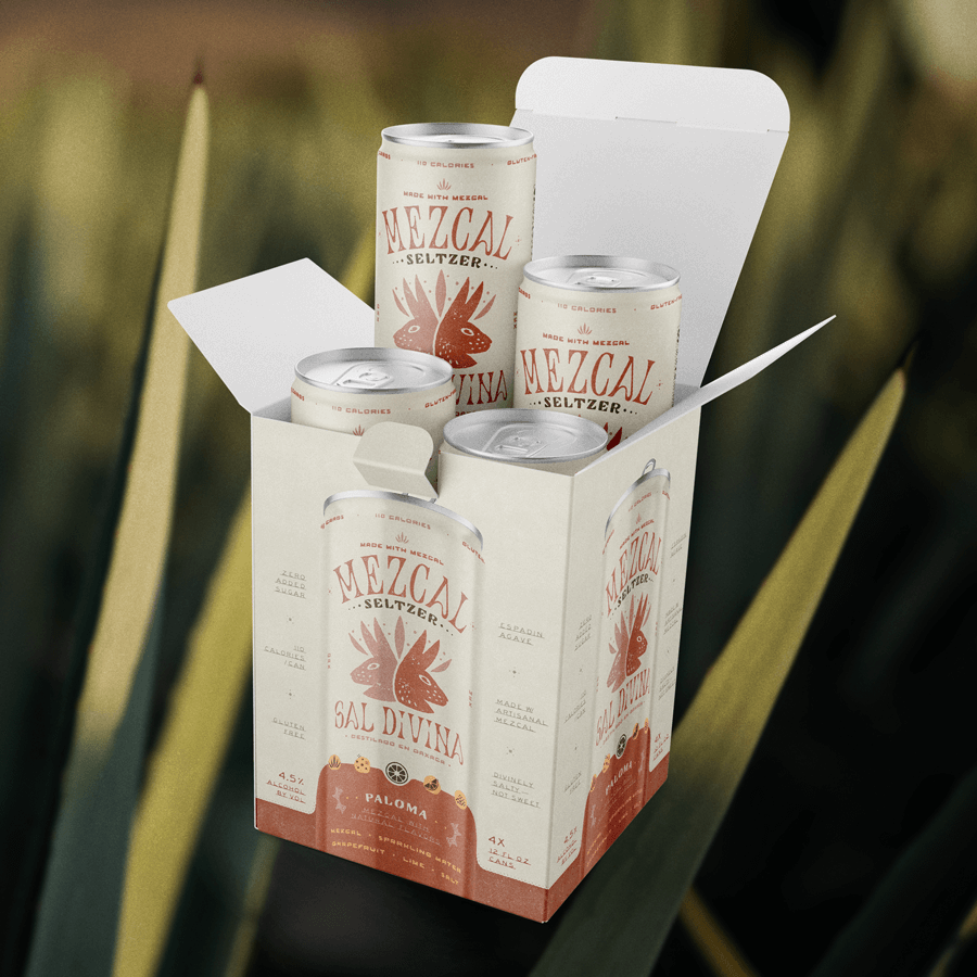 A four pack of Sal Divina Mezcal's Paloma seltzer.