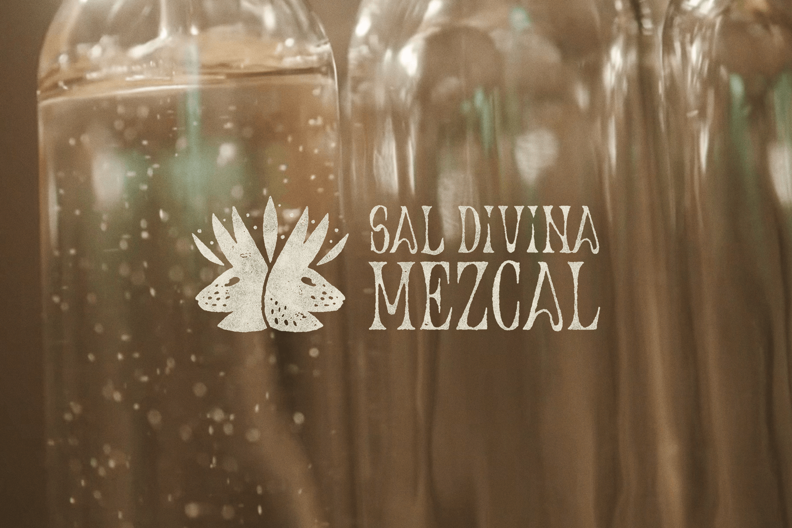 Glass bottles of mezcal with the Sal Divina logo in the foreground.