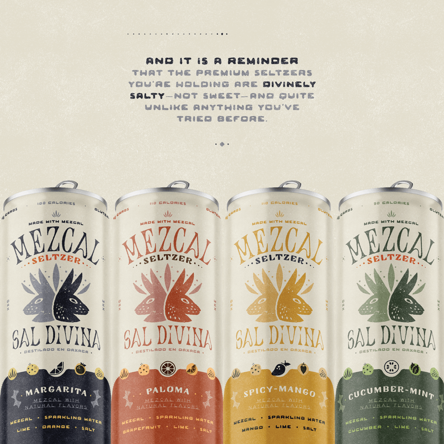 Four colorful cans of Sal Divina Mezcal seltzers.