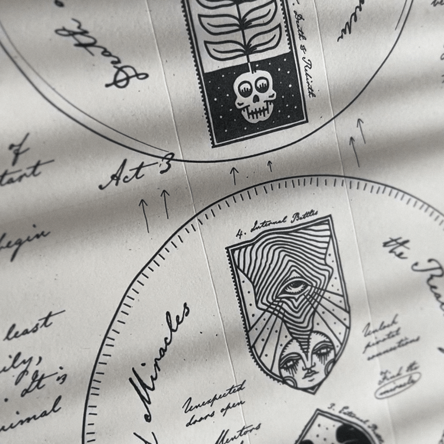 Close-up of a black and white hand-drawn map or diagram showing labeled sections with artistic symbols including a skull with a plant and an eye within a surreal face.