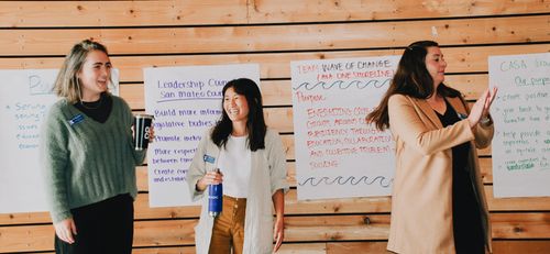 Three Emerging Leaders on the OneShoreline Community Acceleration Team are smiling and clapping as they give a presentation to the class. From left to right: Babs Deffenderfer, Housing and Community Development Program Manager at the County of San Mateo Housing, Andrea Chow, Sustainability Analyst at the City of San Mateo, and Colleen Lettire, City of Half Moon Bay Communications Program Manager.