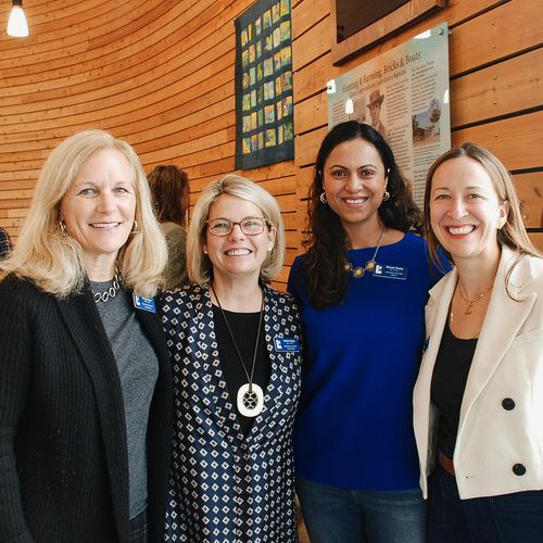 Margi Power and Kaarin Hardy, Leadership Council SMC Co-Presidents, pose with Leadership Coaches Sharvari Shetty and Laura Costain, two expert trainers of the Emerging Leaders Program.