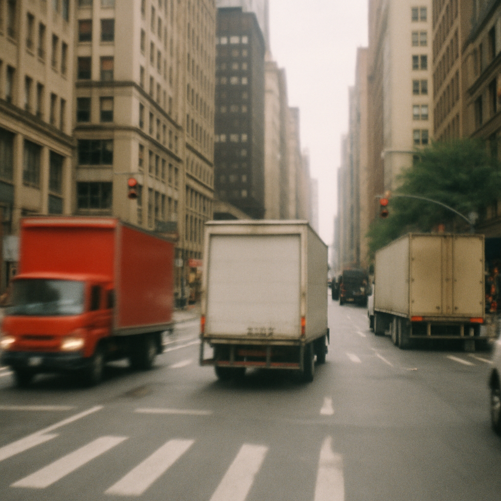 Busy city street with moving trucks