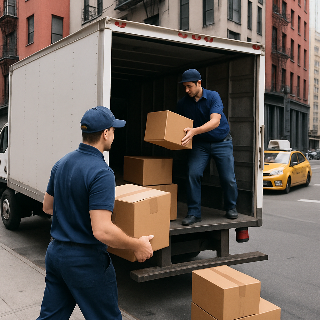 Movers loading boxes into a moving truck in NYC