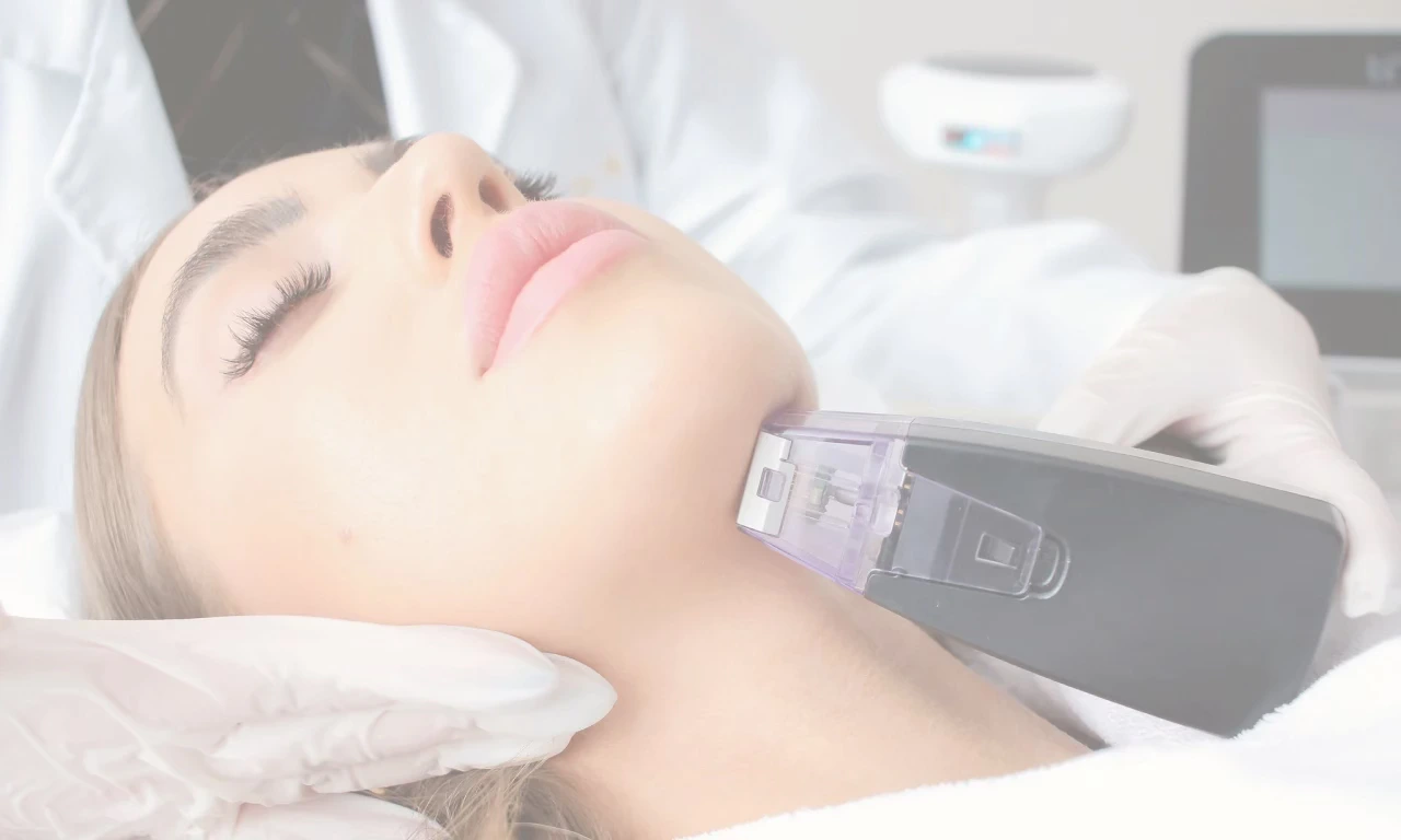 A woman received Morpheus8 treatment. A clinician uses the morpheus8 microneedling device under the patient's chin and jaw.