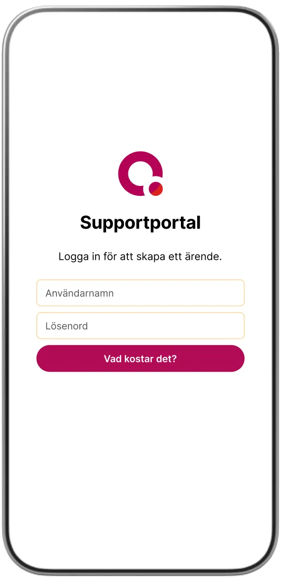 Supportportalens inloggningssida på mobil enhet med användarnamn, lösenordsfält och prisinformationsknapp.