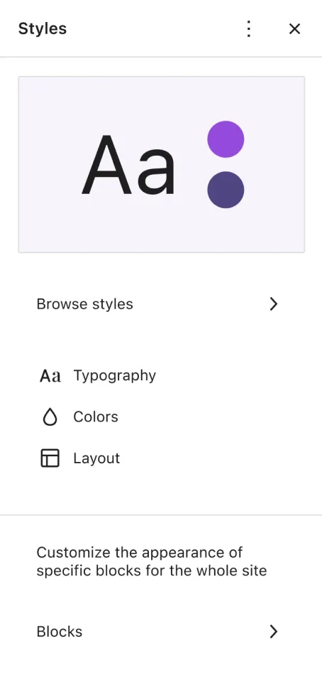 Typografi- och färgpalettalternativ för att anpassa webbplatsdesign och layoutstilar med AA-exempeltext.