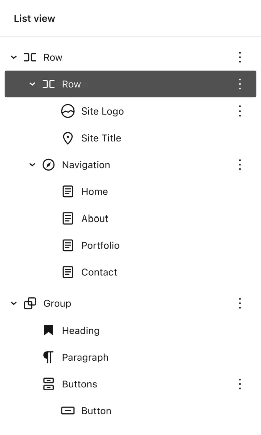 Webbplatsgränssnittselement inklusive rader, navigering, webbplatslogotyp, knappar och innehållsblock för design och layout.