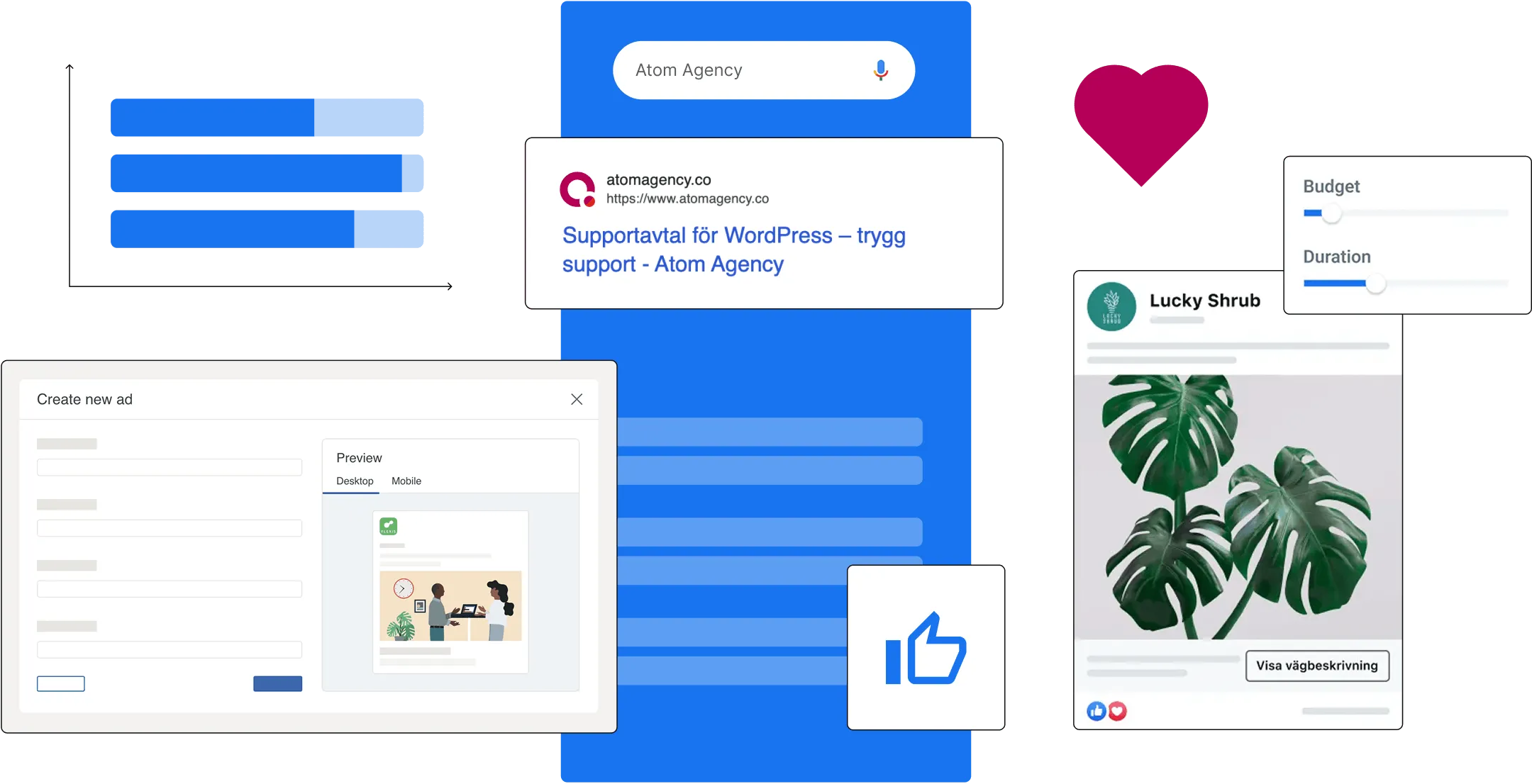 Digital advertising platform för WordPress-support med webbdesign och marknadsföringselement för varumärke och strategi.