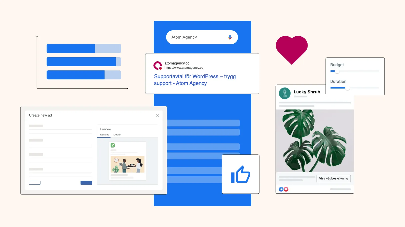 Digital marketing byråtjänster med innehållsannonsering, budgetinställningar och WordPress-webbplatsvisningstöd.