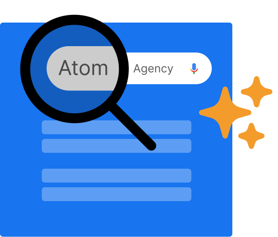 En marknadsföringsbyrås logotyp med magnifying glass och färgglada sparkler för Atom Agency