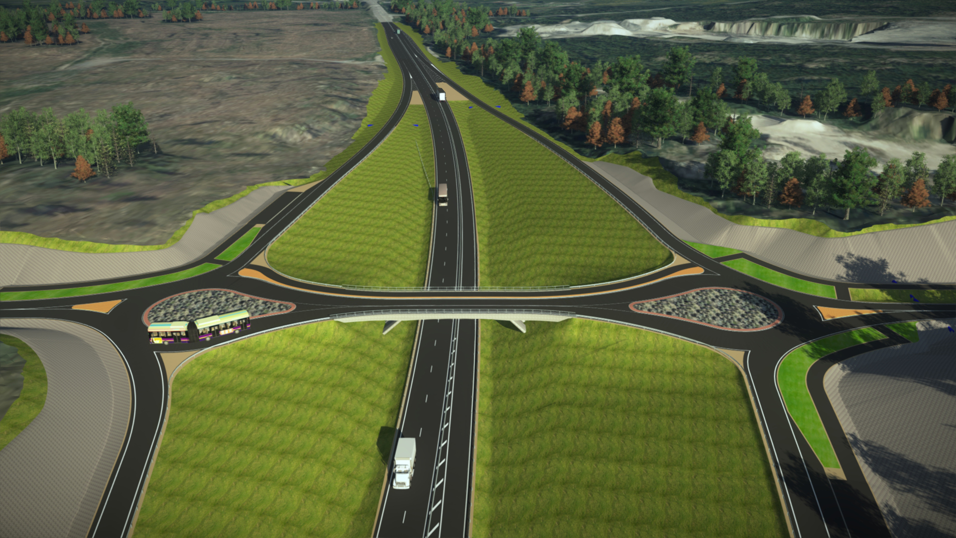 Visionsbild över hur trafikplatsen kan komma att utformas med på- och avfarter i båda riktningar.