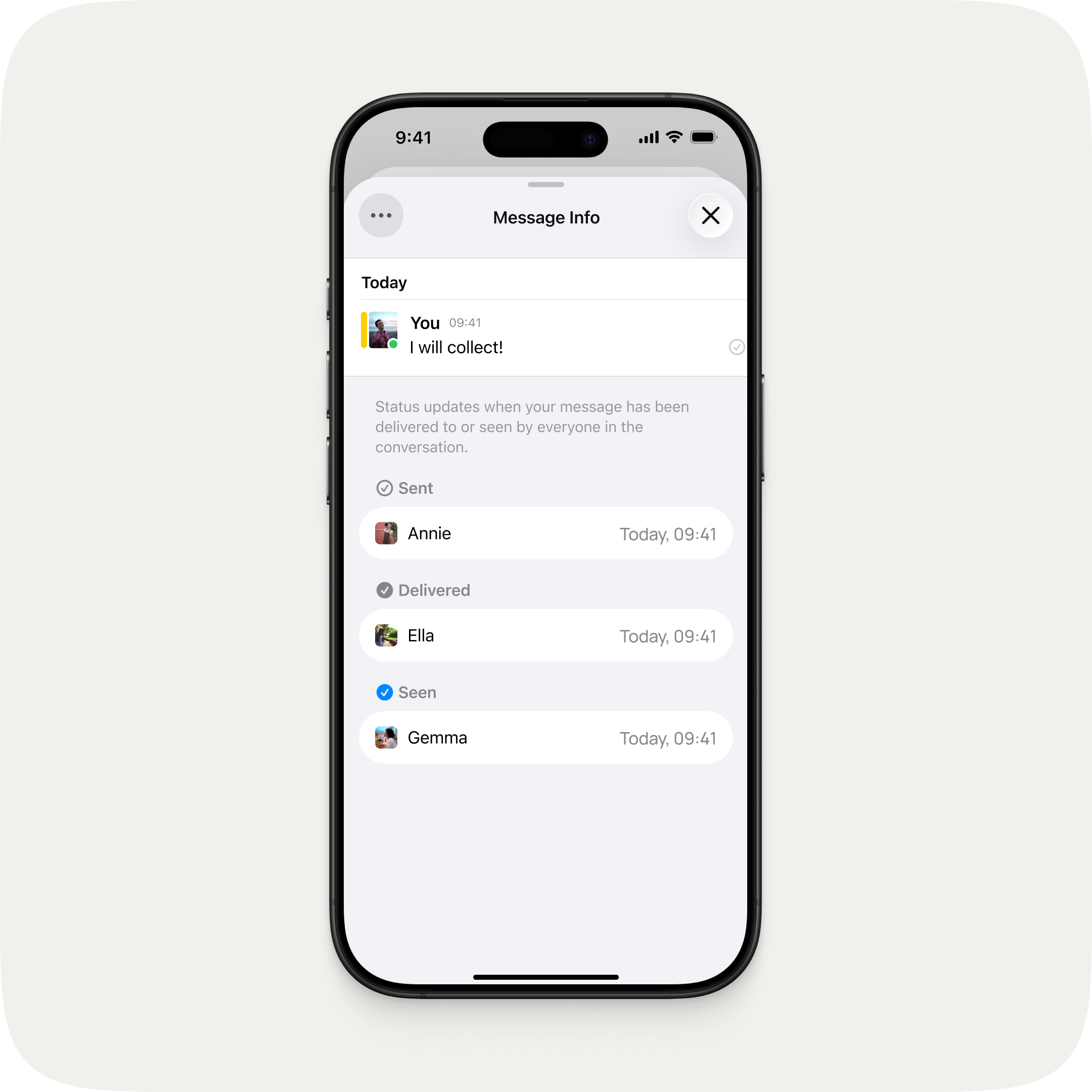 iPhone showing the Message Info screen in OurCal, with sent, delivered, and seen status and timestamps for each group member.