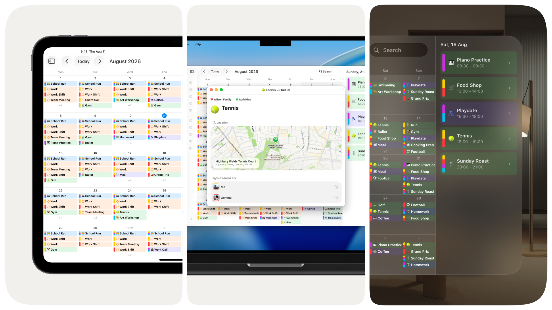 OurCal running natively on iPad showing a full month calendar view, on Mac with an event detail window open, and on iPhone with a day's agenda.