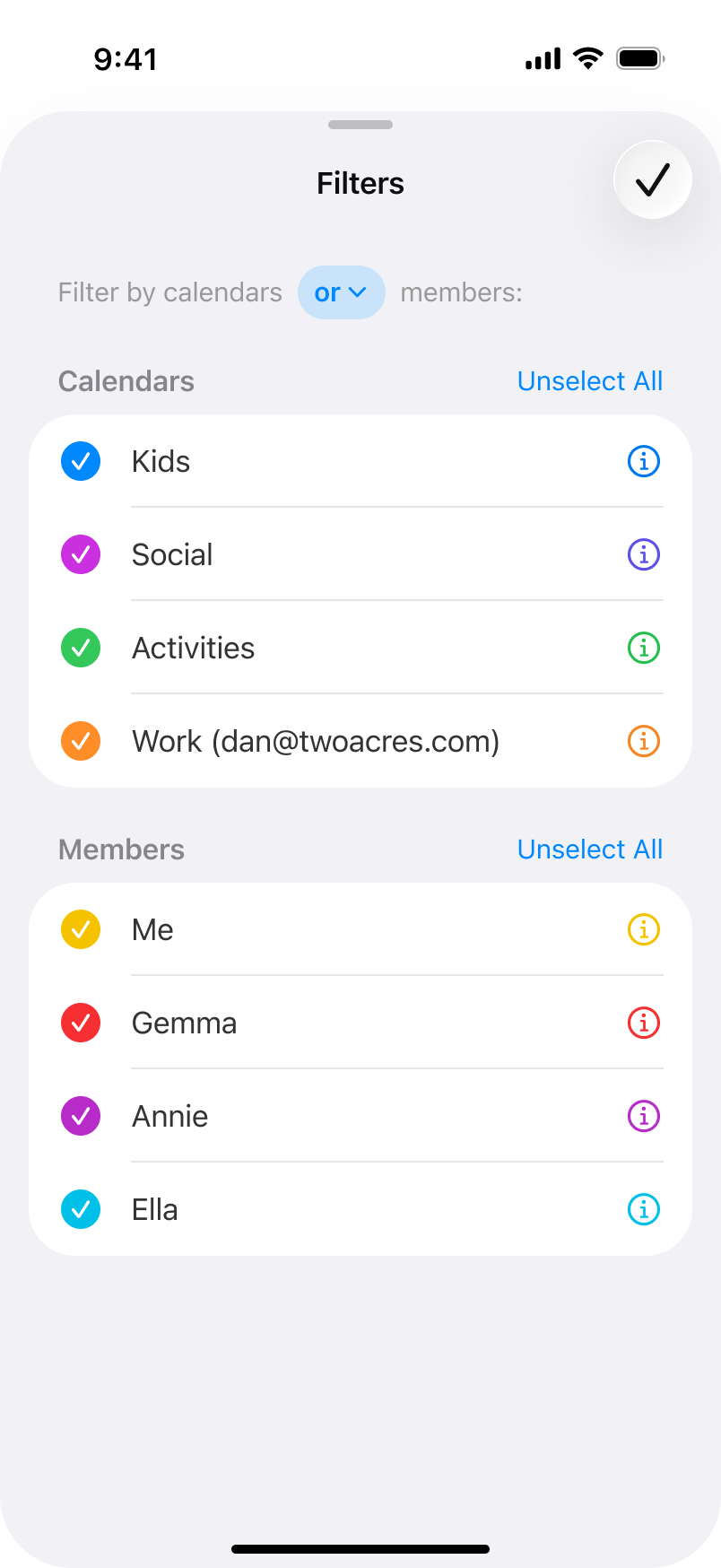 OurCal Filters screen showing all calendars and all members selected with the filter mode set to "or"