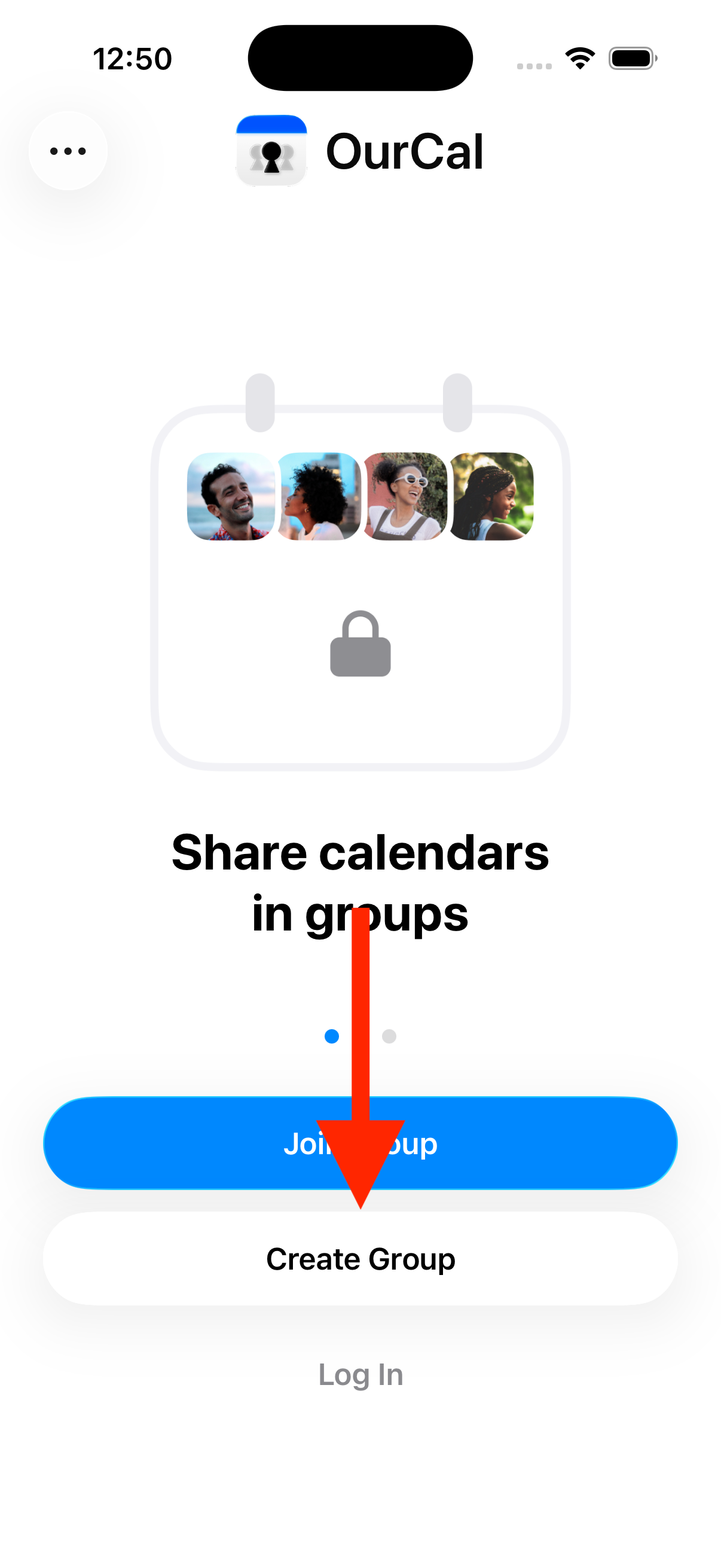 OurCal welcome screen showing Join Group, Create Group, and Log In buttons