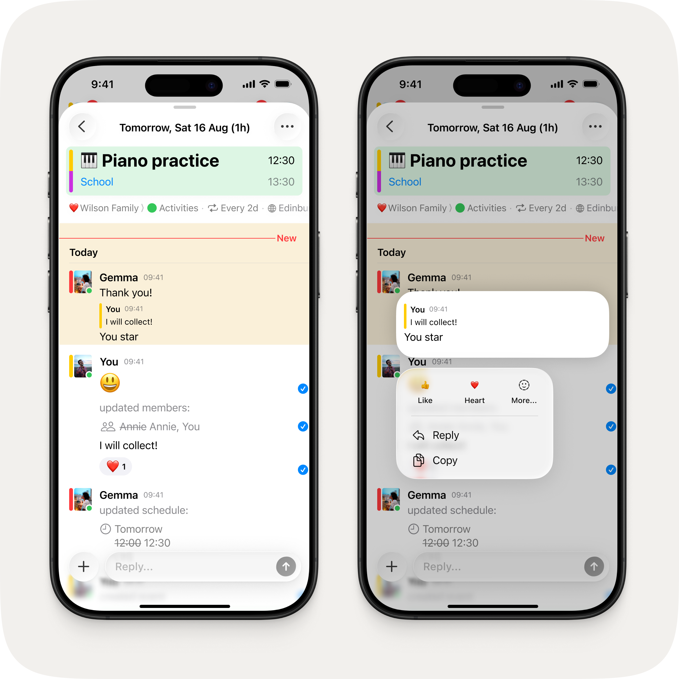 Two iPhones side by side. On the left, an event chat thread showing a quoted reply with the original message indented above the response. On the right, the long press context menu showing reaction, reply, and copy options.